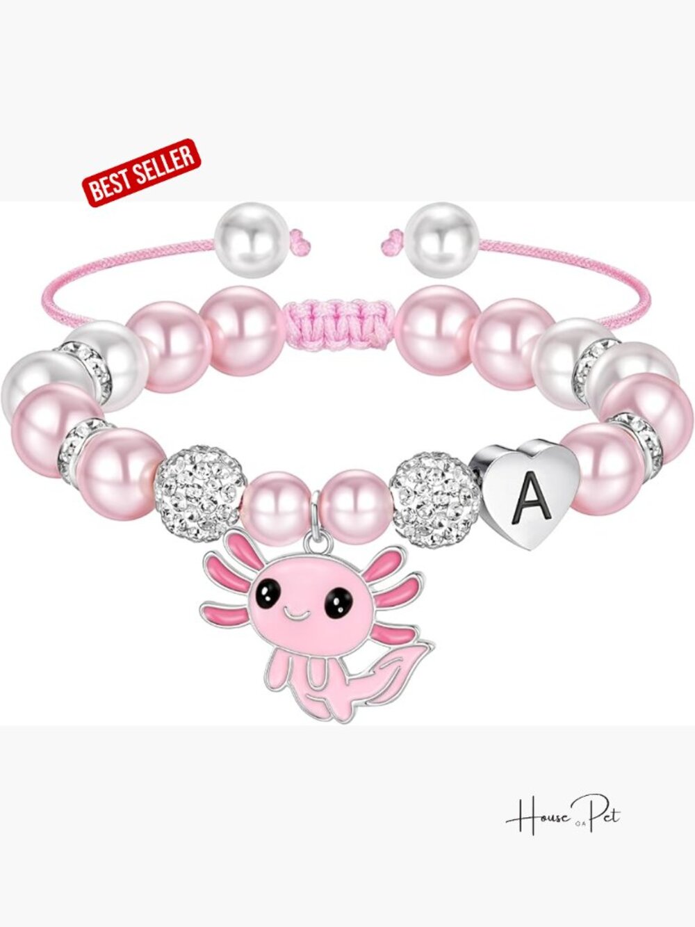 Cute Axolotl Heart Initial Bracelet CZ Rhinestone Beads and Pearl Bracelet - Picture 1 of 7
